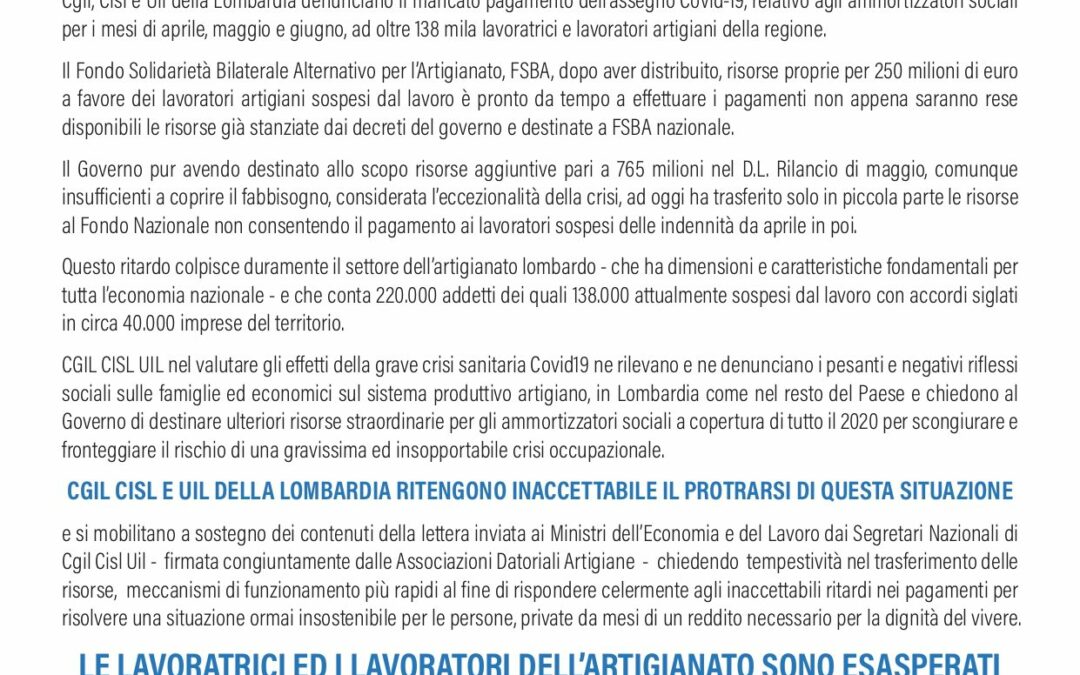 PAGARE SUBITO GLI AMMORTIZZATORI SOCIALI AI LAVORATORI ARTIGIANI