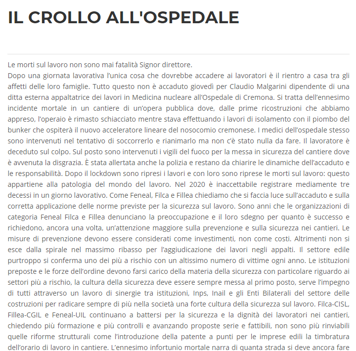 IL CROLLO ALL’OSPEDALE