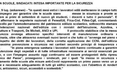 EDILIZIA SCUOLE, SINDACATI: INTESA IMPORTANTE PER LA SICUREZZA