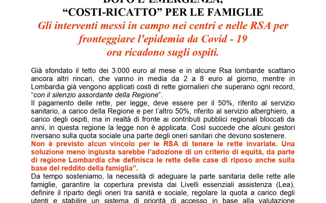 IN LOMBARIDA RSA SEMPRE PIÙ CARE DOPO L’EMERGENZA, “COSTI-RICATTO” PER LE FAMIGLIE