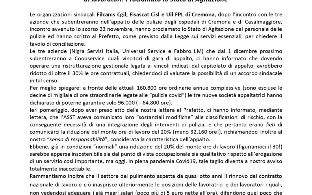 COMUNICATO STAMPA Indizione Stato Agitazione personale Pulizie Appalto ASST Cremona