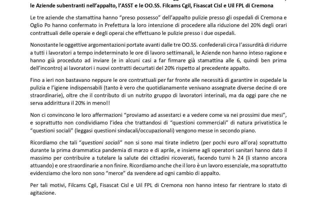 COMUNICATO STAMPA – CAMBIO APPALTO PULIZIE OSPEDALE CREMONA: MANCATO ACCORDO