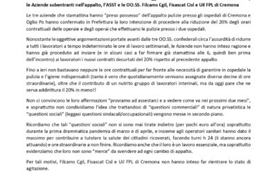 COMUNICATO STAMPA – CAMBIO APPALTO PULIZIE OSPEDALE CREMONA: MANCATO ACCORDO