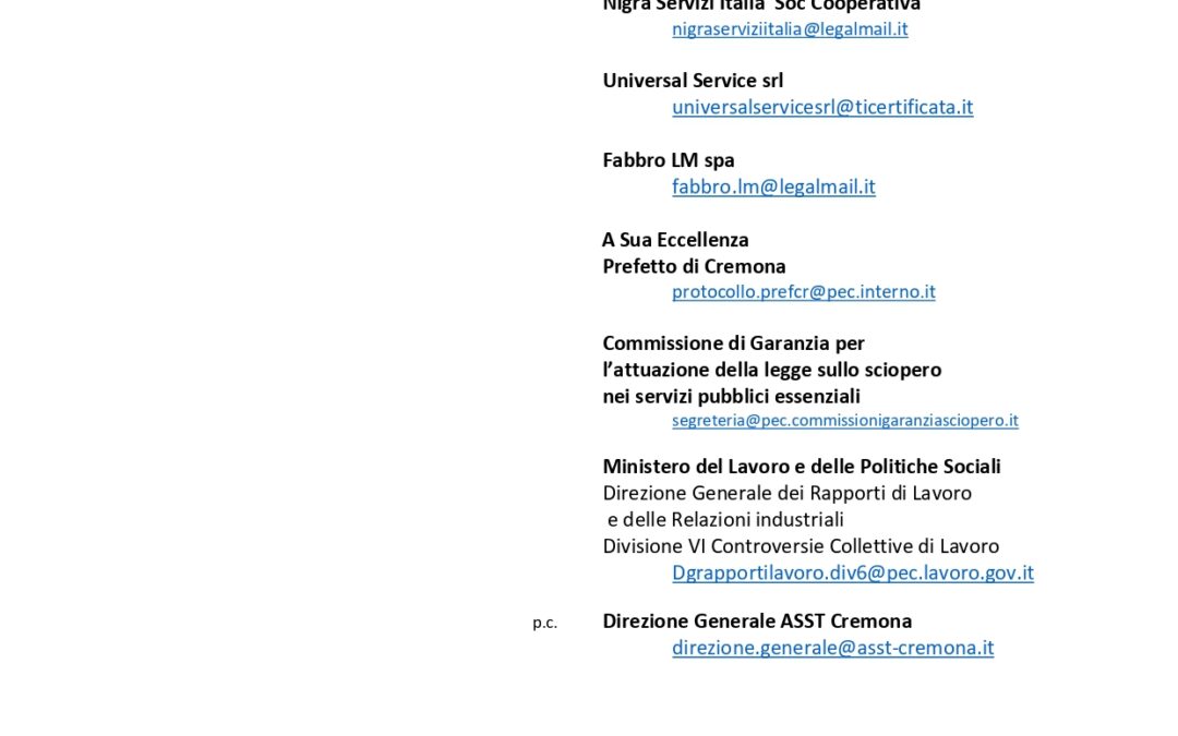 PROCLAMAZIONE SCIOPERO ORE SUPPLEMENTARI E STRAORDINARIE PERSONALE APPALTO PULIZIE ASST CREMONA E OGLIO PO DAL 18/12/2020 AL 17/1/2021