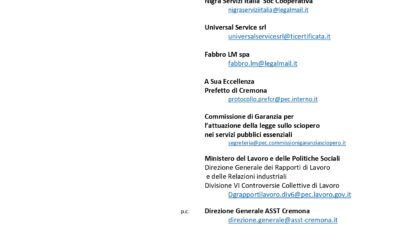 PROCLAMAZIONE SCIOPERO ORE SUPPLEMENTARI E STRAORDINARIE PERSONALE APPALTO PULIZIE ASST CREMONA E OGLIO PO DAL 18/12/2020 AL 17/1/2021