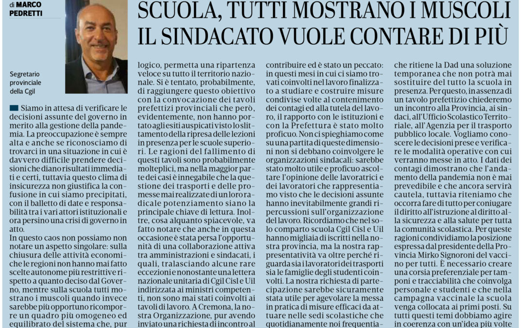 Marco Pedretti: “Scuola: il Sindacato sia maggiormente coinvolto”