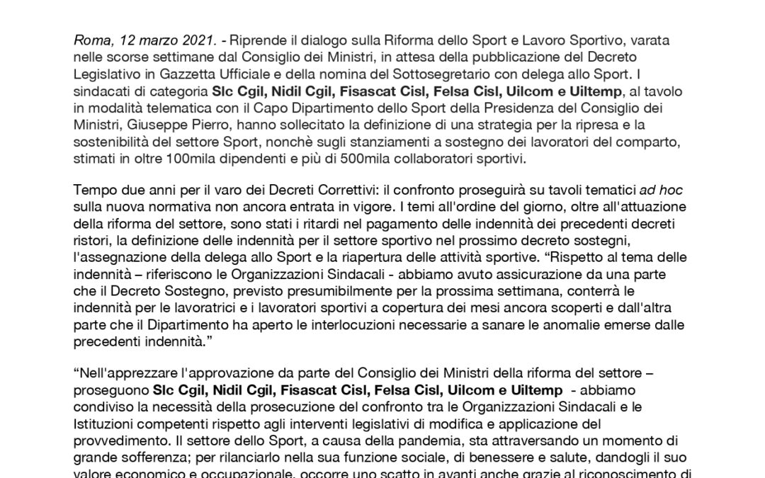 SPORT, RIPRENDE IL DIALOGO SU RIFORMA, CONFERME SUL RINNOVO DELLE INDENNITÀ NEL DECRETO SOSTEGNO