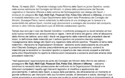 SPORT, RIPRENDE IL DIALOGO SU RIFORMA, CONFERME SUL RINNOVO DELLE INDENNITÀ NEL DECRETO SOSTEGNO