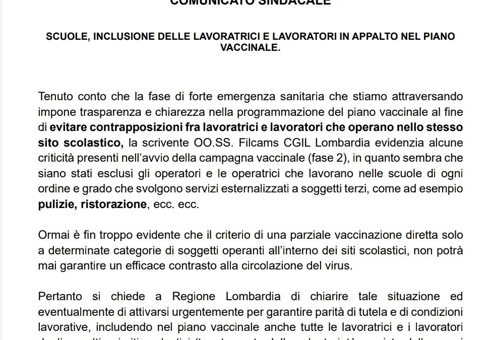 SCUOLE, INCLUSIONE DELLE LAVORATRICI E LAVORATORI IN APPALTO NEL PIANO VACCINALE.