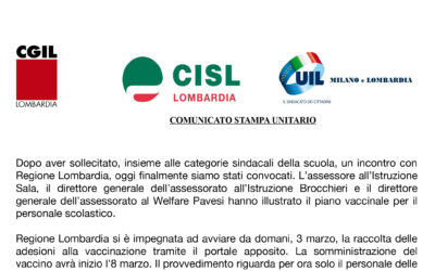 Piano vaccinale, comunicato stampa unitario